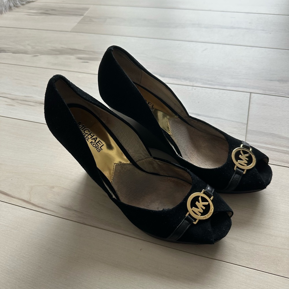 Michael Kors Black Suede Peep-Toe Heels with Gold MK Medallion